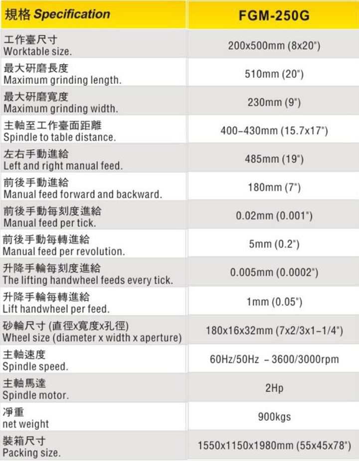 丰堡磨床FGM-250G产品参数